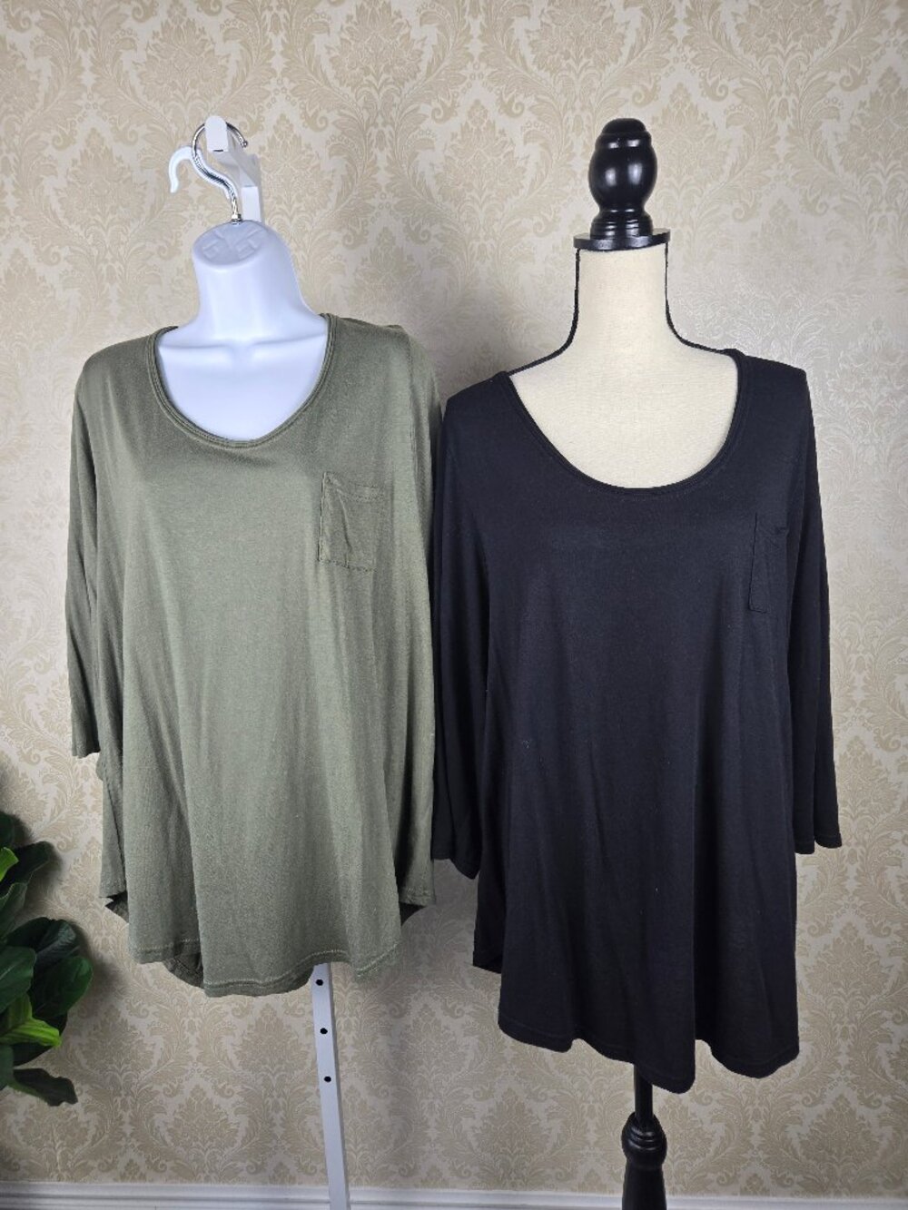 Lane Bryant Size 22/24W Bundle of 2 Casual Tops (Olive Green, Black) 3/4 Sleeves